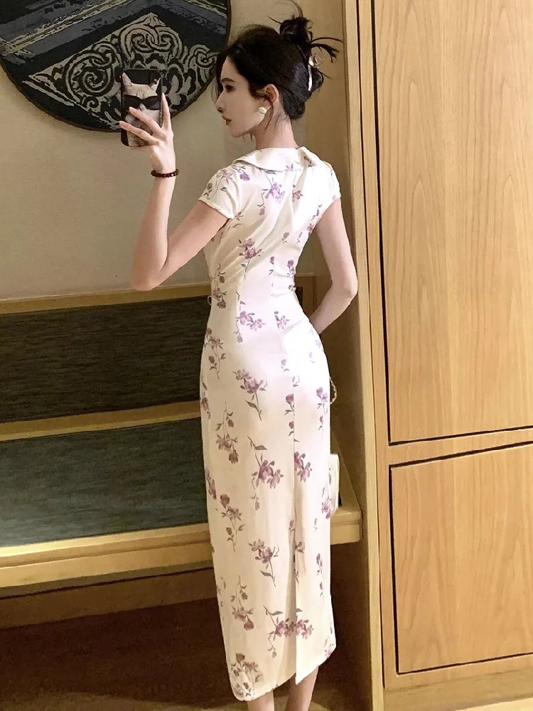 Lunivop  Woman Dress Sexy Peter Pan Collar Floral Printed Slim Vintage Elegant Summer Fashion Temperament Party Dresses Female