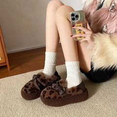 Lunivop Plush Padded Women Shoes New Autumn Winter Sweet Bowknot Warm Thick Sole Female Flats Casual Slip on Leopard Cotton Loafers