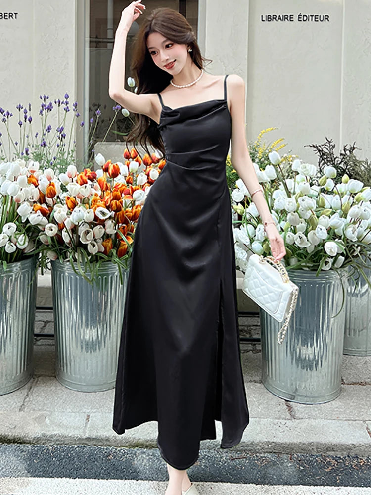 Lunivop  Summer Green Satin Swinging Collar Sling Long Dress Women Korean Vintage Luxury Party Vestidos Elegant Bodycon Night Dress