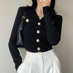 Lunivop Gold Button Front Knit Cardigan Women Long Sleeve Crop Sweater Jacket Fitted Top Teen-girl Fall Winter Vintage 90s Outfit