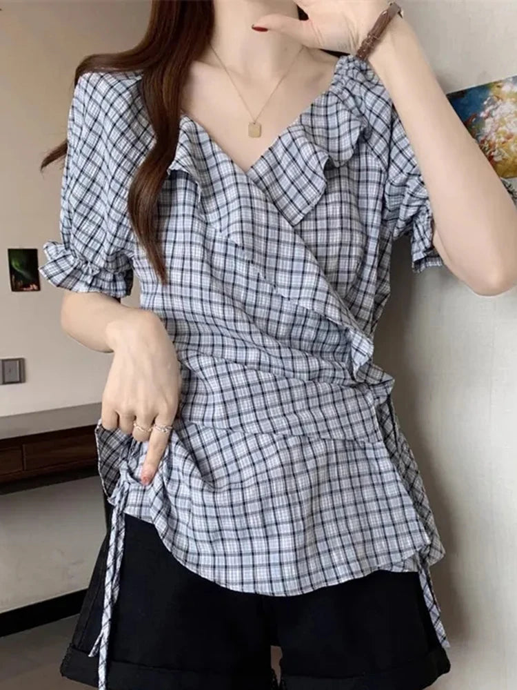 Lunivop  Ruffles Vintage Plaid Blouse Women Causal Sweet Slim Short Sleeve Shirt Korean Retro Female Lace Up Elegant Design Tops New