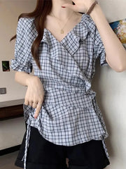 Lunivop  Ruffles Vintage Plaid Blouse Women Causal Sweet Slim Short Sleeve Shirt Korean Retro Female Lace Up Elegant Design Tops New