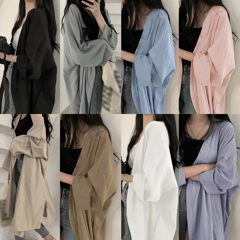 Lunivop Summer Korean Version Loose Fit Women's Long Cardigan Summer Solid Color Breathable Thin Windbreaker Sunscreen Clothing