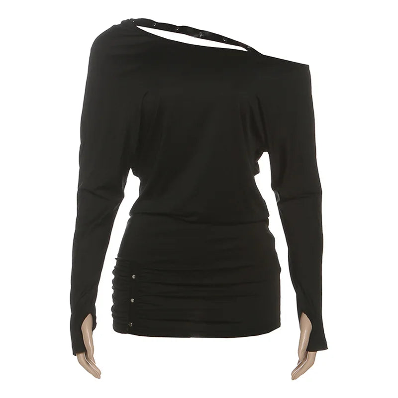 Lunivop  Women Sexy Bodycon Mini Dress Rivets Inclined Shoulder Long Sleeve Peach Hips Night Clubwear Autumn Casual Streetwear