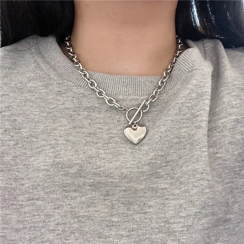 Lunivop Punk Stainless Steel Long Thick Chain Toggle Heart Pendant Necklace For Women Men Goth Choker Necklaces Trend Neck Jewelry