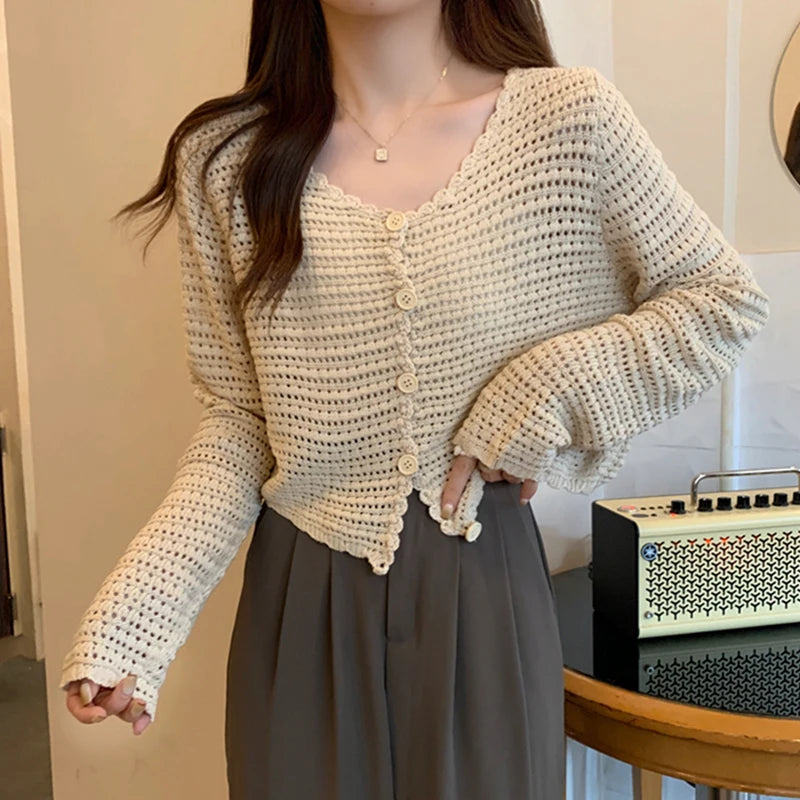 Lunivop Women Button Up Short Cardigan Knitted Shirt Hollow Out Crochet Crop Top Long Sleeved Thin Cover Up Teen-girl Casual Outfit