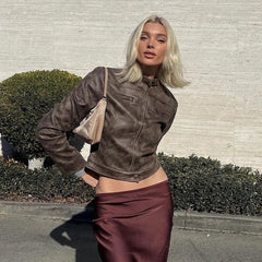 Lunivop Fashion Leather Slim Long Sleeve Zipper Short Coat Casual Streetwear Daily Outfit Jacket Vacation Y2K Women Clothing