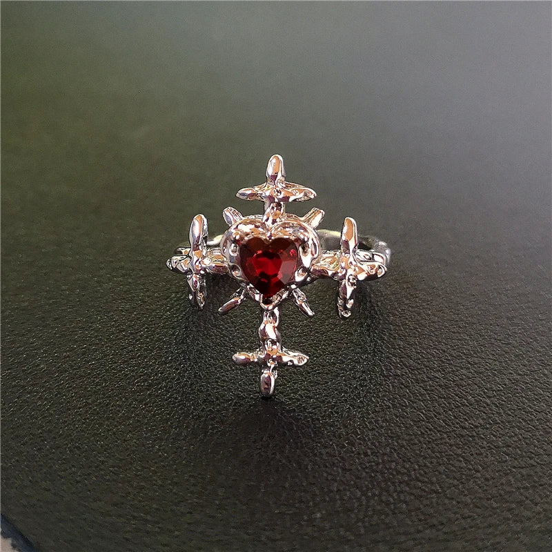 Lunivop Punk Aesthetic Red Zirconia Heart Cross Open Ring Women Hip Hop Grunge Halloween Aesthetic Gothic Rave EMO Jewelry Accessories