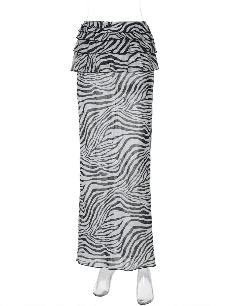 Lunivop Ruffled Leopard Printed Long Skirt Female High Waist Patchwork Striped Loose Summer New Streetwear Ladies Maxi Skirt