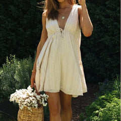 Lunivop  Elegant Fashion Harajuku Slim Fit Female Clothes Loose Casual All Match Short Skirt Solid V Neck High Waist Sleeveless Dresses
