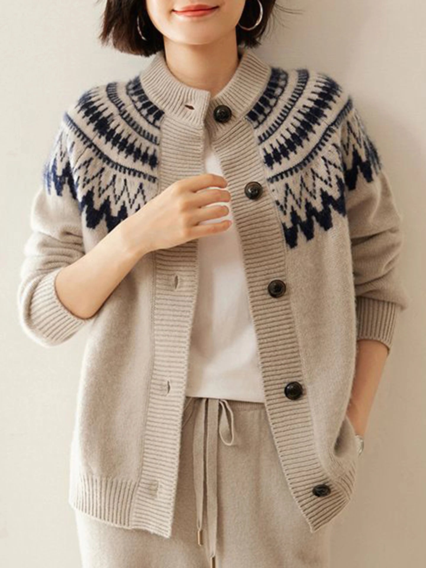 Lunivop Fair Isle Knit Sweater Cardigan Women Cozy Stand Collar Button Front Sweater Jacket Teen-Girl Fall Winter Vintage Chic Outfit