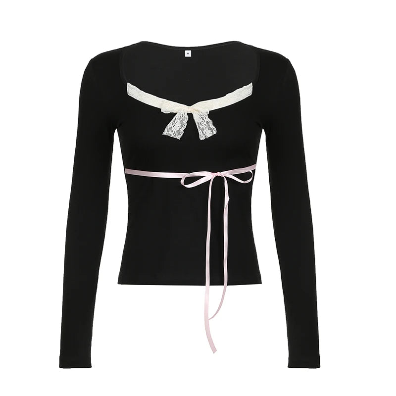 Lunivop  Contrast Lace Bow Cropped Top Sweet Coquette Square Collar T Shirts Black Casual Full Sleeve Tee Women y2k Aesthetic Lady