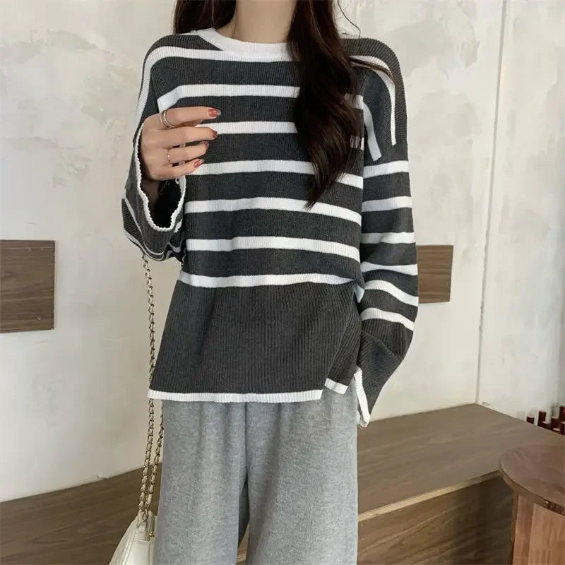 Lunivop Women Striped Sweater Soft Warm Loose-fit O-Neck Long Sleeve Knitted Pullovers Sweater Jumper Autumn Winter Casual Chic Top