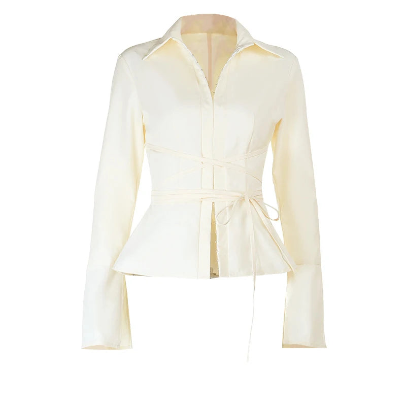 Lunivop  BKLD New Style Sexy Turn-down Collar Criss-cross Lace Up Skinny Fashion Solid Color Long Sleeve Shirt Tops Casual Elegant Outfit