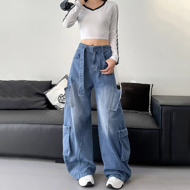 Lunivop  American Hip Hop Big Pocket Cargo Jeans Women Autumn Winter Oversized Wide Leg Jeans Popular Vintage Blue Denim Pants Mujer