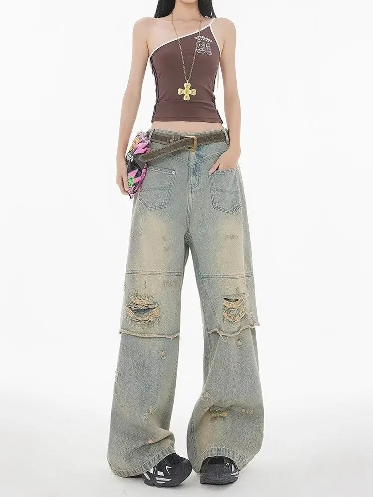 Lunivop American High Street Wasteland Style Ripped Jeans Spring and Summer Loose Washing and Old Wide-leg Japanese and Korean Baggy