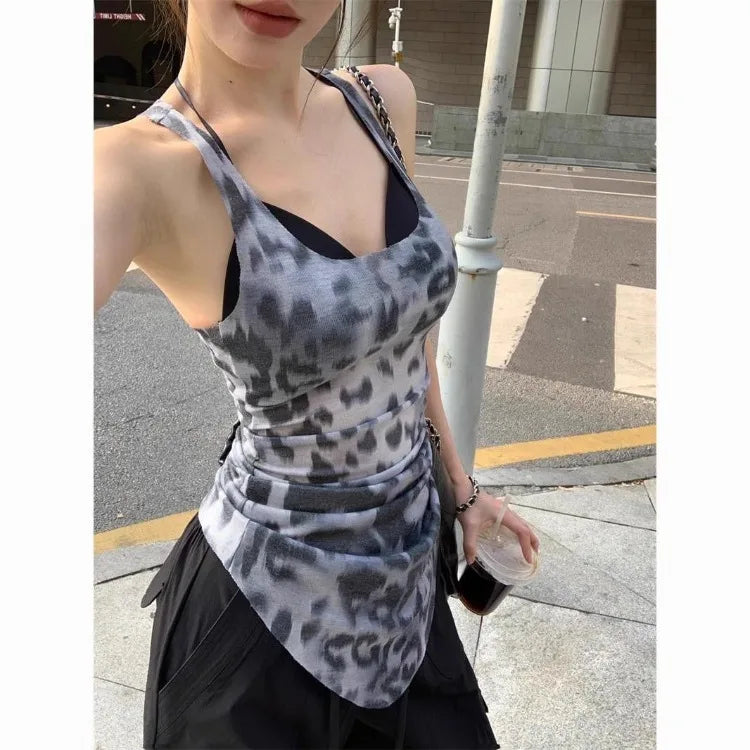Lunivop  Leopard Print See Through Mesh Tank Top Irregular Slim Fit Sleeveless Tops Mujer 2025 Summer New Camisole Vest for Women