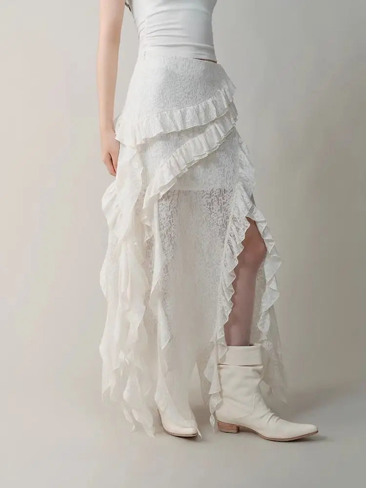 Lunivop Gothic Black Y2k Skirts Women Gyaru 2000s Lace Irregular Long White Skirt Streetwear Irregular Ruffle Skirts Aesthetic
