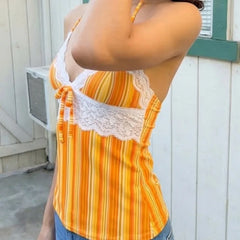 Lunivop  American Spce Girl Lace Edge Style Tank Tops Y2k Aesthetic Constrast Color Striped Punk Camisole Harajuku Slim Waist A-line Tees