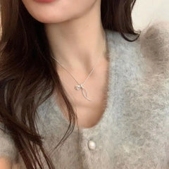 Lunivop New Trendy Silver Color Bow Pendant Necklace For Woman Simple Metal Bow Ribbon Clavicle Chain Necklace Party Jewelry Gifts