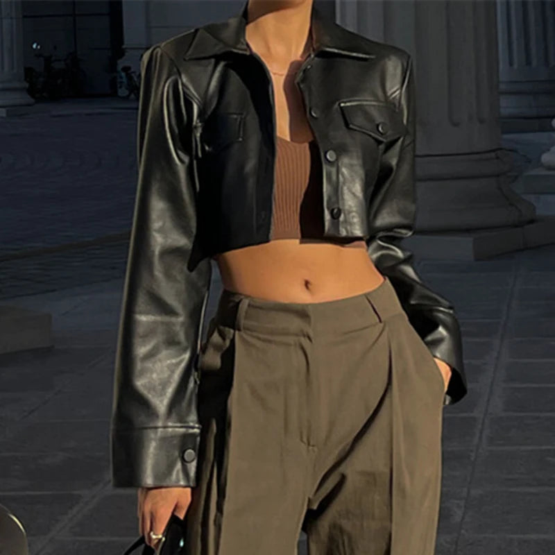 Lunivop   Autumn Faux Leather Short Jacket Y2K Turn-down Collar Fashion Botton Decoration PU Coat 2024 Grunge Street Casual Coats