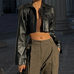 Lunivop   Autumn Faux Leather Short Jacket Y2K Turn-down Collar Fashion Botton Decoration PU Coat 2024 Grunge Street Casual Coats