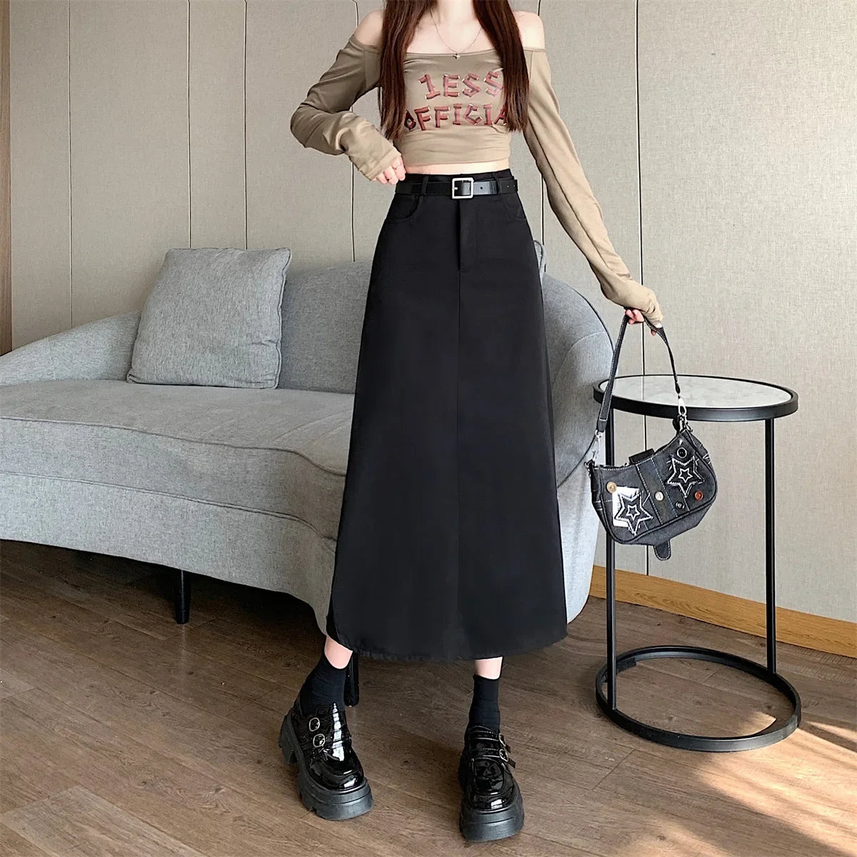 Lunivop High-waisted Slimming Skirt Greysuit Women's Lightweight Casual A- line Medium-length Dress
