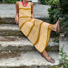 Lunivop  Casual Stripe O-neck Knit Elastic Bodycon Dress Sexy Beach Vacation Crochet Women Dresses New Slim Vestidos Patchwork Long Dress