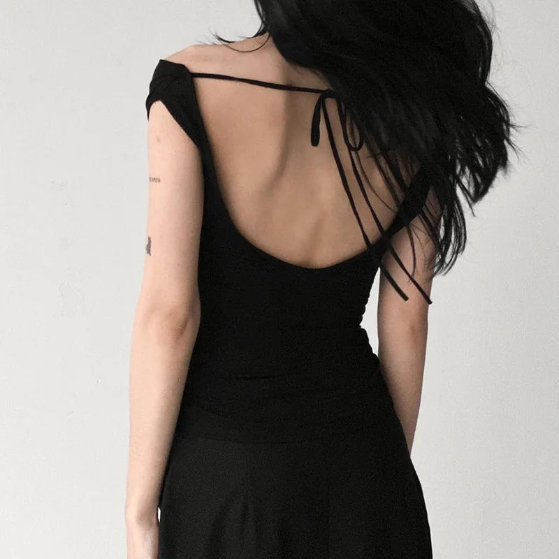 Lunivop Camis and Tanks Women Sleeveless Swing Collar Backless Tie Back Ruched Top Summer Ladies Daily Outfit