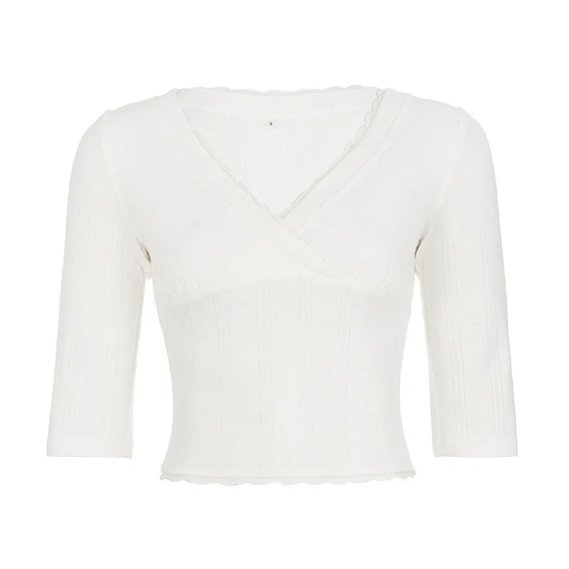 Lunivop  Simple Basic High Street Casual V Neck Short Sleeve Shirts Y2k Aesthetic French Elegant Office Lady Clothes Harajuku Punk Tops