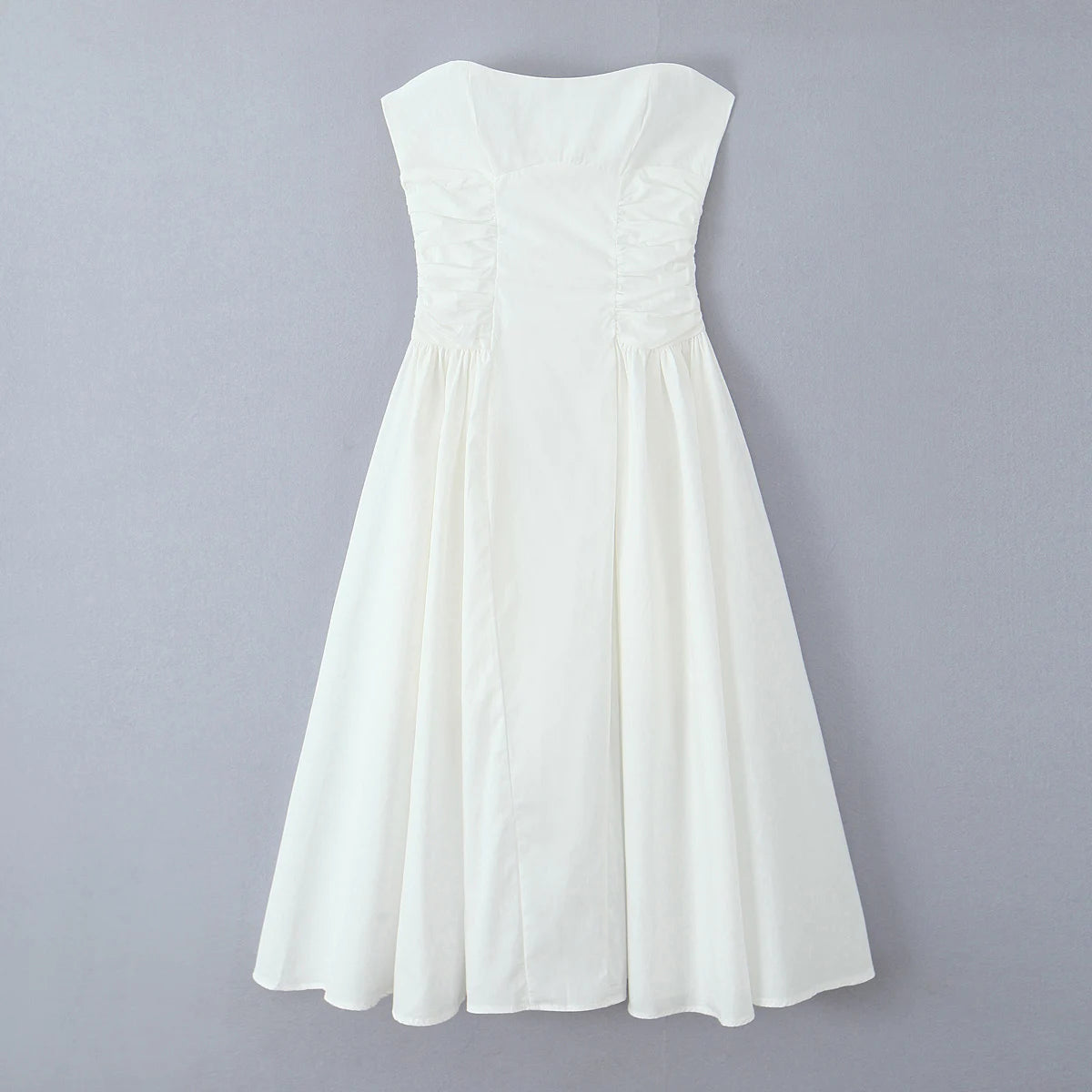 Lunivop  Sexy White Slash Collar Backless Midi Long Strapless Dress Women Pleated Folded Low Waist Pleated Ruched Hem Swing Party Robe