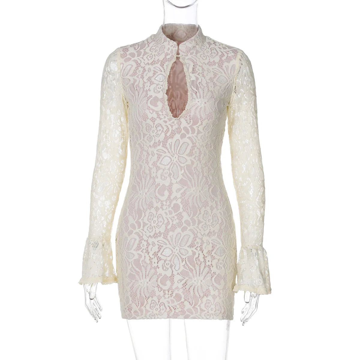 Lunivop Women Lace Hollow Out Long Sleeve Sexy Mini Dresses For Women Fashion Half High Collar Bodycon Robe Chic Club Party