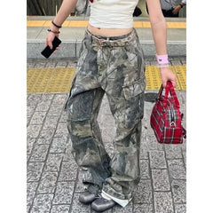 Lunivop Retro Women High Waist American Finish Wide Leg Pants Y2K Streetwear Sweat Pants 2024 Autumn Camouflage Straight Trouse