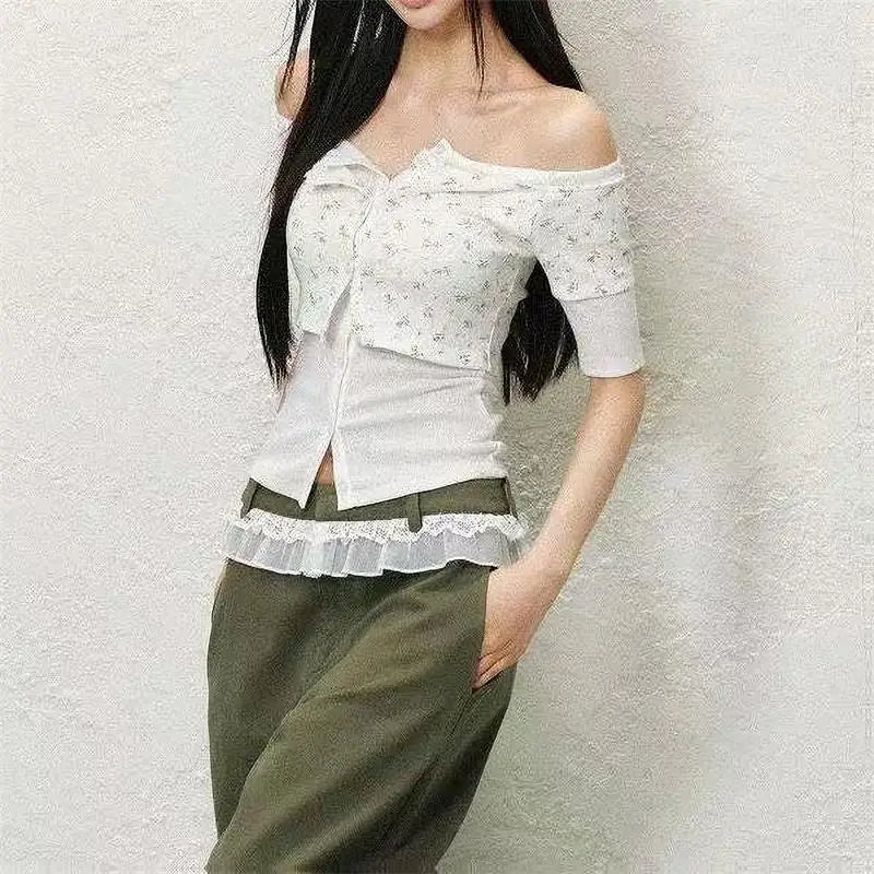 Lunivop Vintage Fake Two Piece Buttoned Cardigan T-shirts Y2k Slim Floral Print Tops Women Off Shoulder Short Sleeve Tee Shirt
