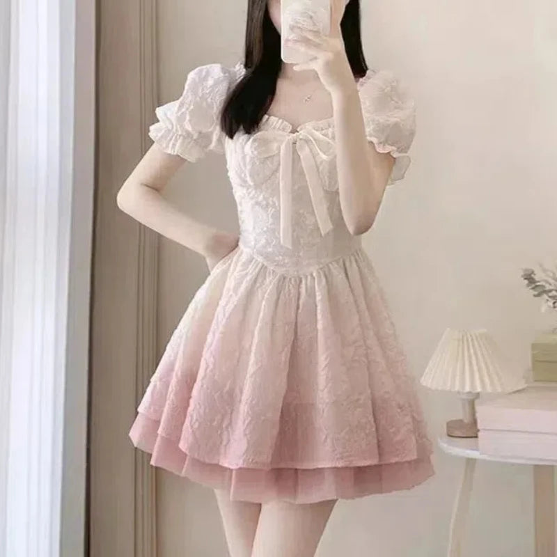 Lunivop  New Sweet Fresh Lolita Summer Patchwork Square Collar Bow Gradient Pink Folds Fashion Casual Elegant Puff Sleeve Dresses the dress black dress white dress