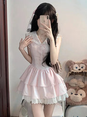 Lunivop  Sweet Slim Pink Dress Women Cute Preppy Style Sailor Collar Mini Dress Casual Retro Japan Lace Patchwork Kawaii Cake Dress