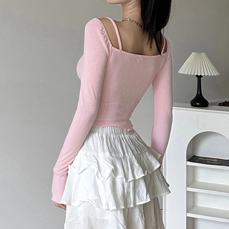 Lunivop  Sweet Off-shoulder Cute Crop Top Lace Patchwork Pink Coquette Aesthetic Slim-fit Long Sleeve Knitted T-shirts Ladies y2k