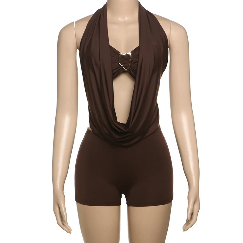 Lunivop  BKLD Hot Sexy Hottie Party Streetwear 2Pcs Outfit Metal Ring Splicing Strapless Tube Tops+Halter Lacing Swinging Collar Playsuit