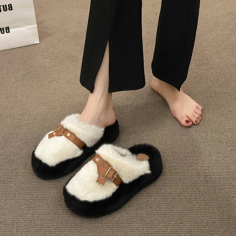 Lunivop Slippers Casual Flock  Platform Shoes New Fur Flip Flops Cover Toe Slipers Women Slides Luxury Plush Flat Rubber Slippers