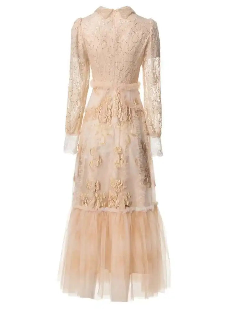 Lunivop Color Block Spliced Ruffles Sweet Dresses Women Lapel Long Sleeve Embroidery Midi Dresses Female 2025 Spring New