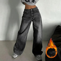 Lunivop  Winter Girls High Waist Straight Leg Fleece Jeans Lady Chic Thermal Plush Denim Pants Female Snow Warm Casual Trousers