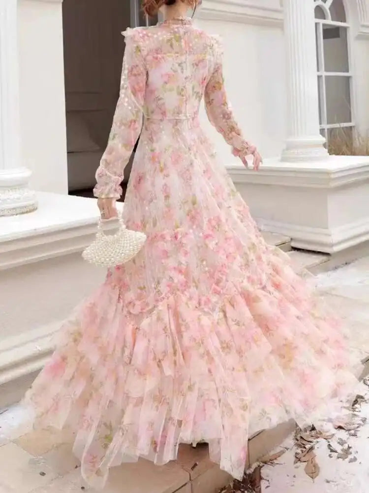 Lunivop  Lace Sequins Slim Women Floral Skirt Long Sleeves O Neck Spot Printing Ear Fungus Edge Female Dress 2025 Spring New