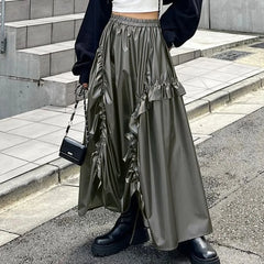Lunivop Gray Shirring Maxi Skirts for Women Fashion High Waist Irregular A-line Skirt Autumn Winter Vintage Ruffle Y2K Skirt