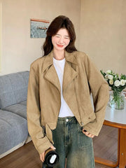 Lunivop Retro Biker Faux Suede Jacket Women Fall Casual Long Sleeve Slim Short Coat Streetwear American Hip Hop Harajuku Tops New