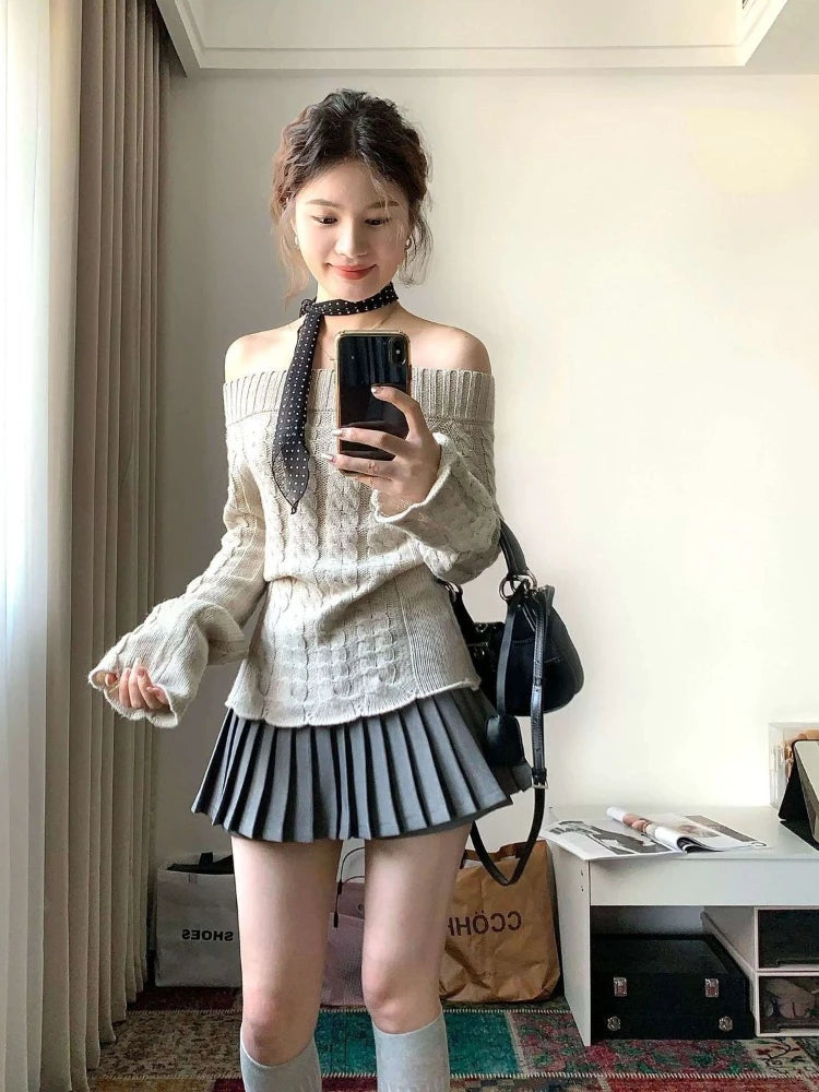 Lunivop Korean Style Sexy Off Shoulder Sweater Women Sweet Elegant Long Sleeve Knitted Pullover Cute Fashion Slim Up Sweaters