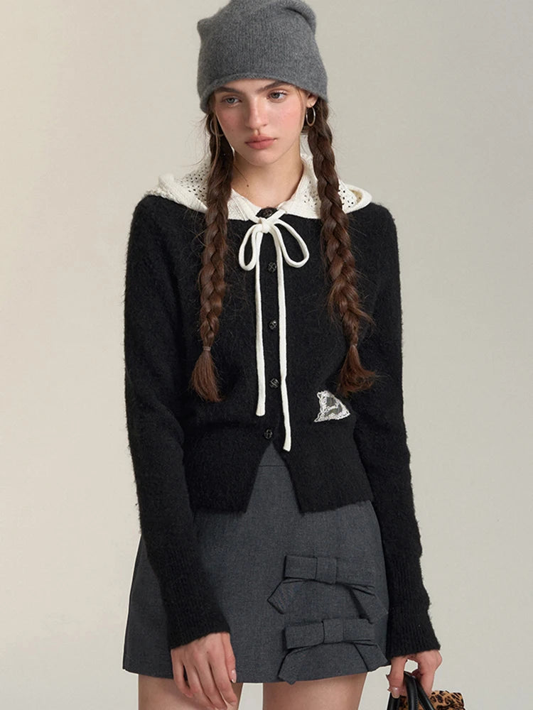 Lunivop Vintage Streetwear Hooded Cardigan Women Long Sleeve Hollow Out Patchwork Knitted Sweaters American Retro Lace Up Lace Tops