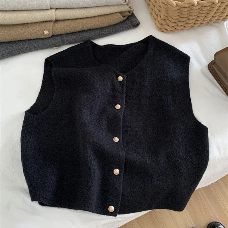Lunivop Women Sweater Vest Gold Button Up Waistcoat Soft Knitted Sleeveless Cardigan Jacket Top Fall Winter Korean Ladies Chic Outfit