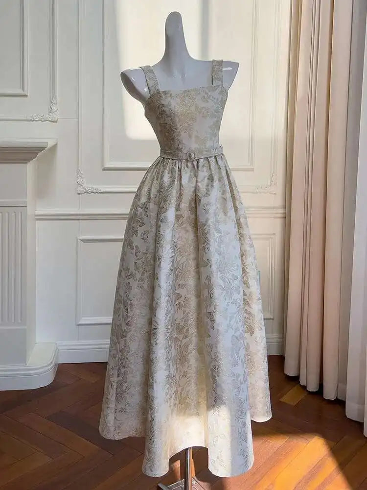 Lunivop Jacquard Design Long Dresses For Women Slash Collar High Waist Sleeveless Elegant Dress Female Summer 2025 New