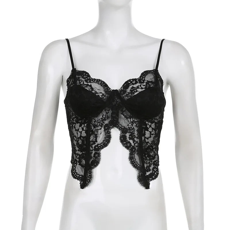 Lunivop Transparent Y2K Lace Bustiers Backless Clubwear Aesthetic 2000s Gothic Camis Summer Spaghetti Strap Grunge Tops