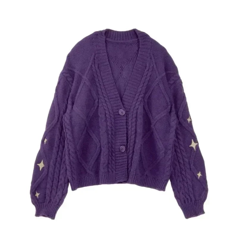 Lunivop Folklore Cardigan with Star Embroidery Button Up Oversized Knit Jacket Cardigan Sweater Women Teenage Girls TS Concert Outfit
